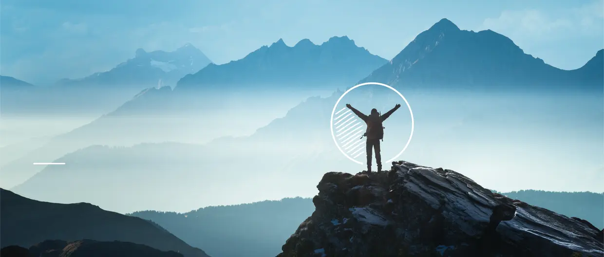 a person in the mountains with a circle graph around him