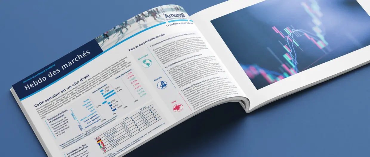 Une brochure ouverte sur un article intitulé 'Hebdo des marchés'