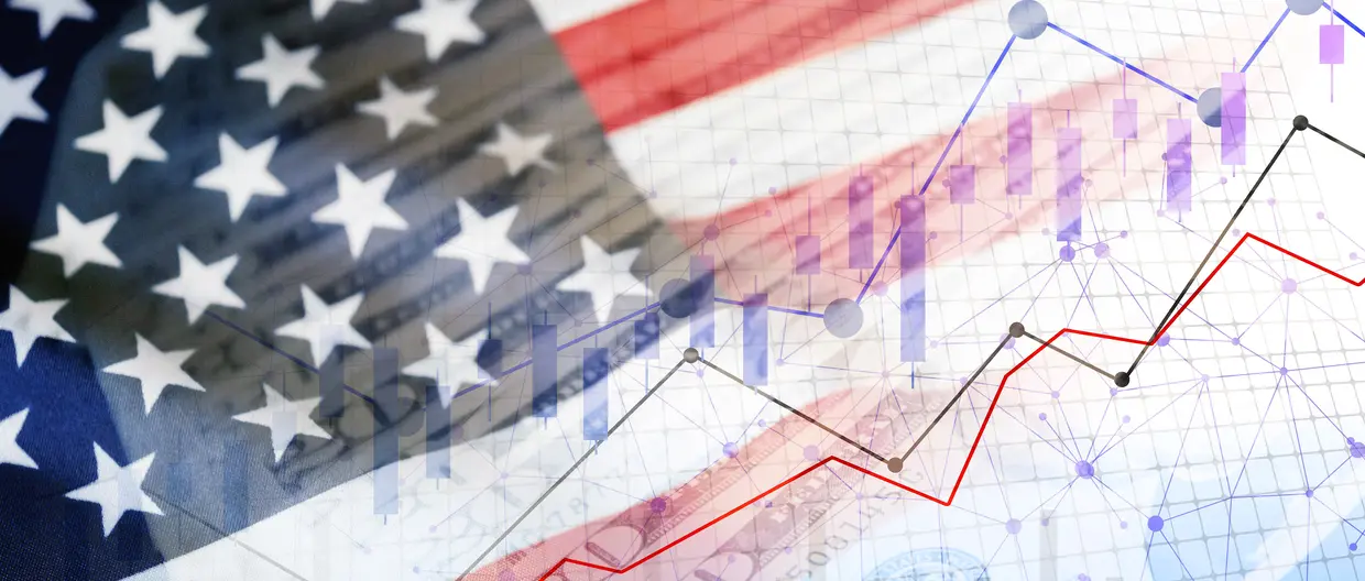 USA flag, cash dollar bills and stock market indicators - Economy graph