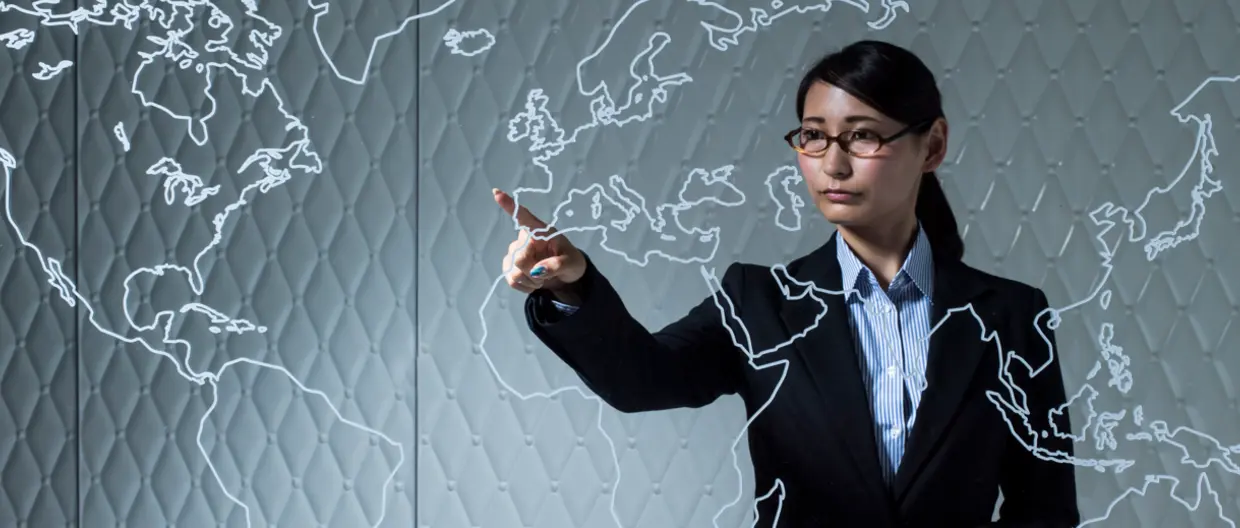 Women map of the world are pointing finger