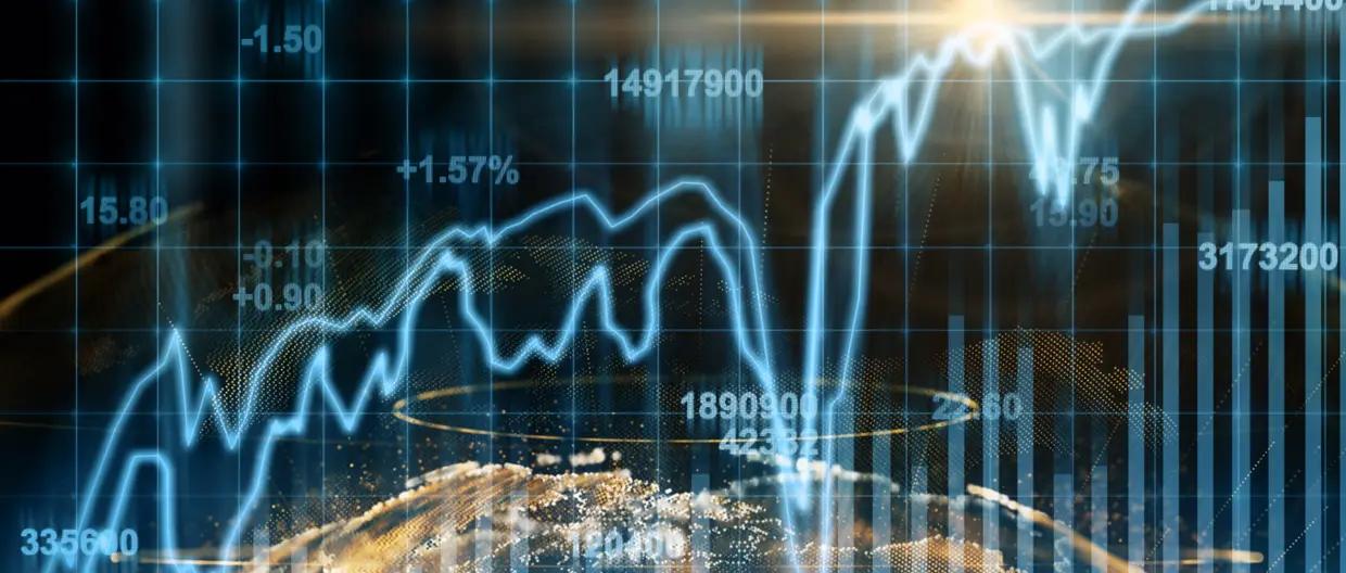 Business and technology trading concept, Abstract planet earth particle over the Stock market chart,Closeup Stock market exchange data on LED display