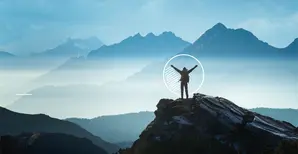 a person in the mountains with a circle graph around him