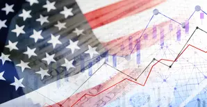 USA flag, cash dollar bills and stock market indicators - Economy graph