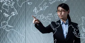 Women map of the world are pointing finger