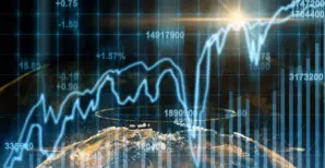 Business and technology trading concept, Abstract planet earth particle over the Stock market chart,Closeup Stock market exchange data on LED display