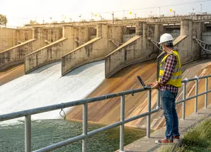 A worker monitors a hydroelectric dam