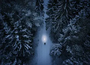 Best ideas investimenti tematici header immagine vista dall'alto di una strada innevata con degli alberi ai lati e una persona che cammina al centro