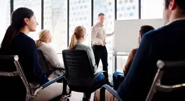 Group sitting in front of a whiteboard