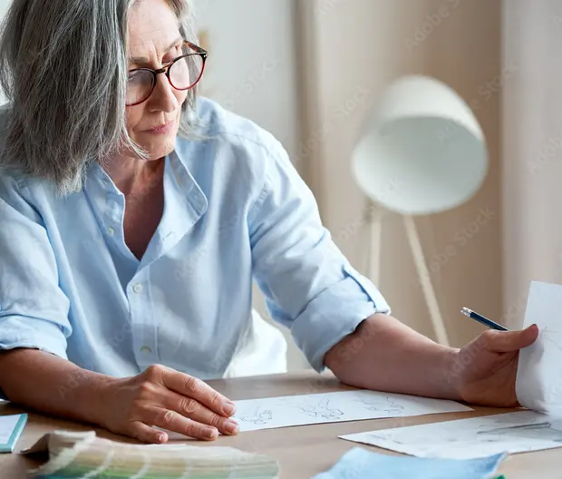Woman sitting at desk reading papers