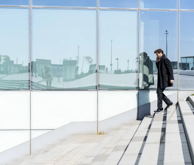 man walking down stairs