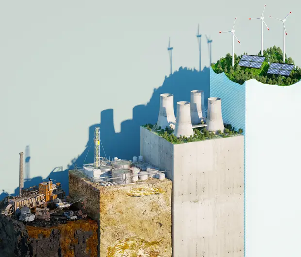 Diverses formes de sources d'énergie, y compris la combustion, l'énergie nucléaire, l'énergie solaire et l'énergie éolienne