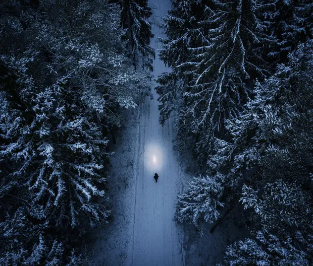 Best ideas investimenti tematici header immagine vista dall'alto di una strada innevata con degli alberi ai lati e una persona che cammina al centro