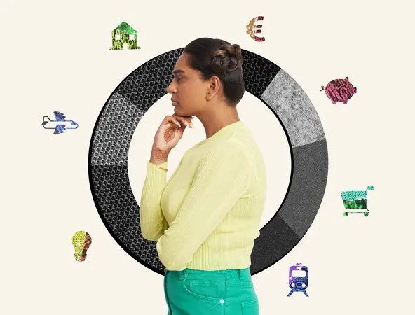 Une femme dans un cercle illustrant l'argent, les transport, le logement, etc.