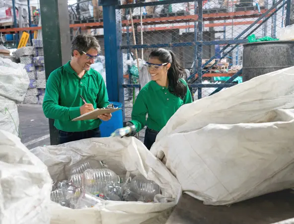 Des grands sacs de bouteilles en plastique sont recyclés