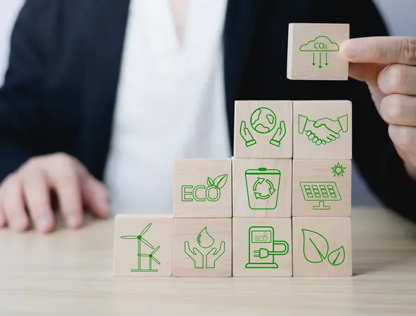 Un escalier en petits blocs en bois, avec des dessins écologiques sur chaque bloc