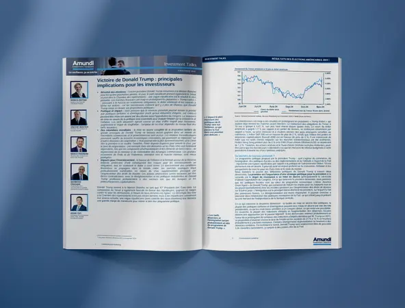 Un livre ouvert sur un article intitulé, 'Victoire de Donald Trump: Principales implications pour les investisseurs'
