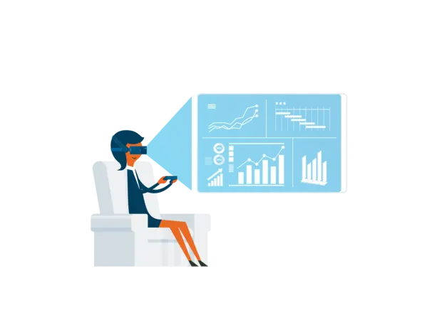 Une femme analyse des statistiques financières en réalité virtuelle