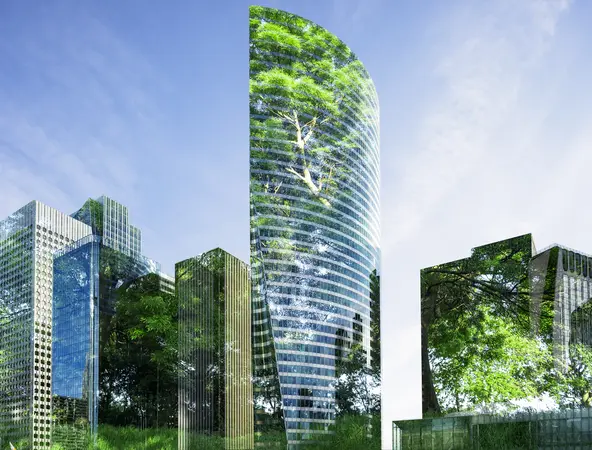 Bâtiments modernes avec reflets de verdure