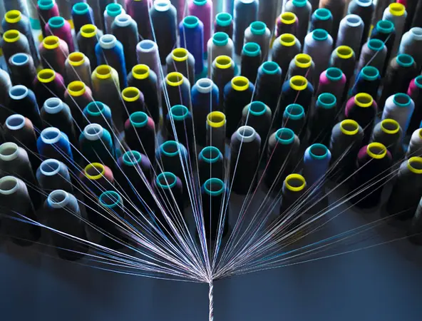 rocchetti di filo per tessitura che confluiscono in un solo punto di raccolta