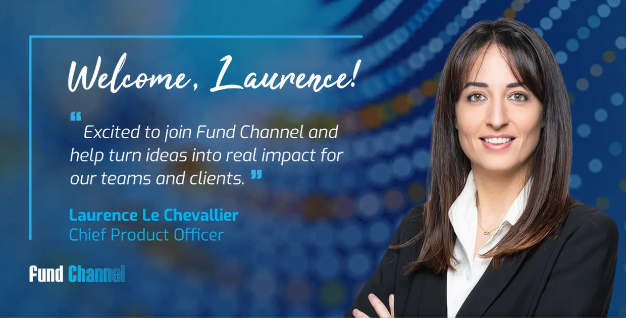 A smiling asset manager in a professional outfit, set against a blue background with abstract designs.