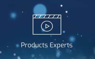 Graphic featuring "Products Experts" with a play button and soft blue background.