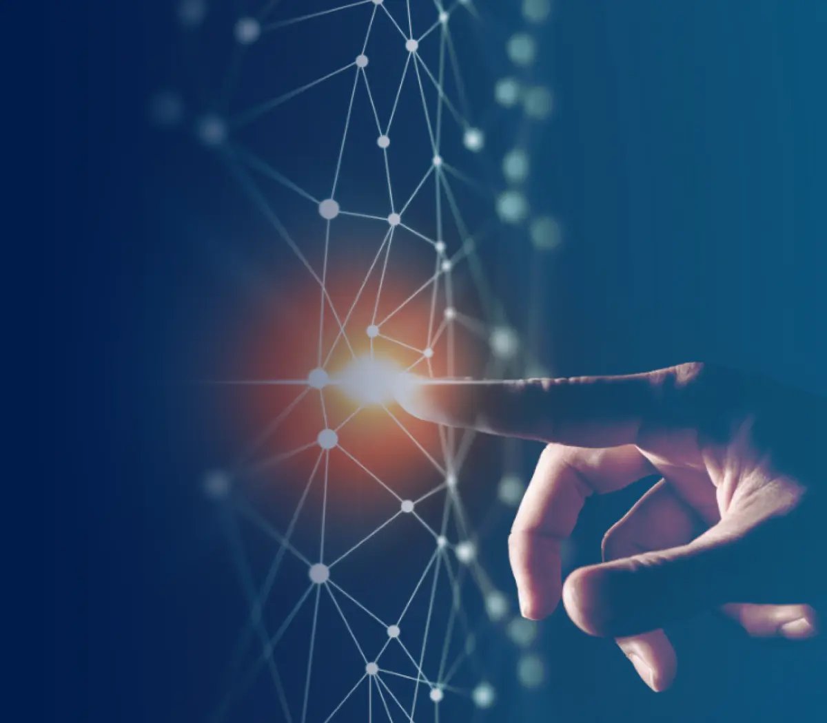 A hand reaching towards a glowing point in a digital network, symbolizing investment management.