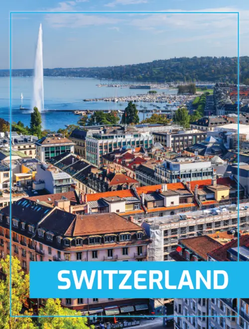 A panoramic view of Geneva, Switzerland, highlighting its waterfront and urban landscape.