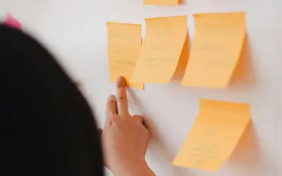A financial expert reviews colorful sticky notes in the Amundi offices, focused on strategy.
