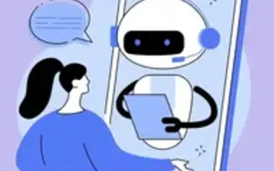 A financial expert interacting with a chatbot on a tablet, symbolizing investment management.