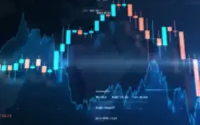 Financial market chart displaying candlestick patterns and data metrics.