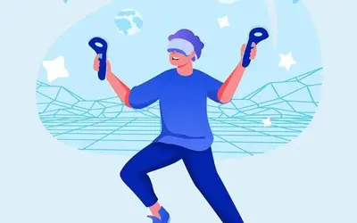 A person wearing a virtual reality headset engages with controllers in a colorful digital space.