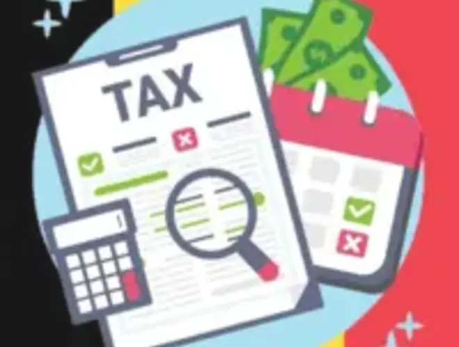 Colorful graphic featuring a tax document, calculator, calendar, and cash, with a Belgian flag backdrop.