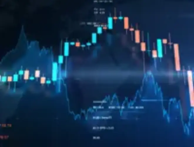 Financial market chart displaying candlestick patterns and data metrics.