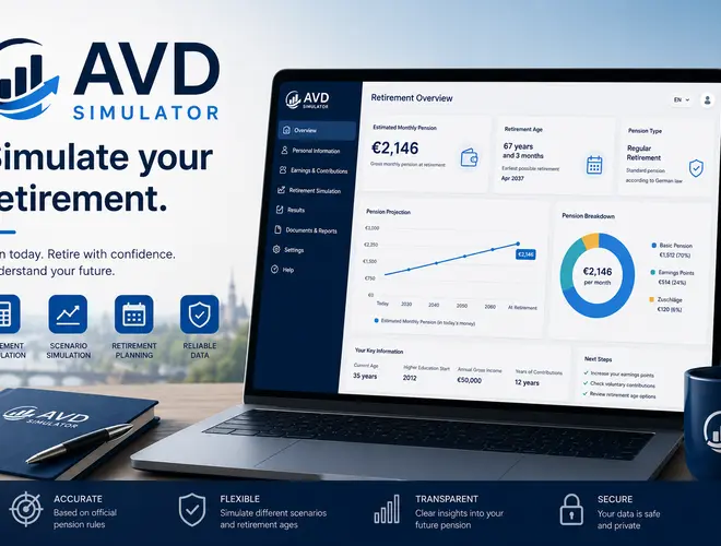 AVD Simulator interface displayed on a laptop, emphasizing retirement simulation features.