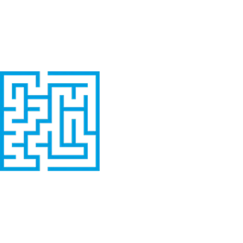 Logo design featuring a blue maze symbolizing financial navigation and strategy.
