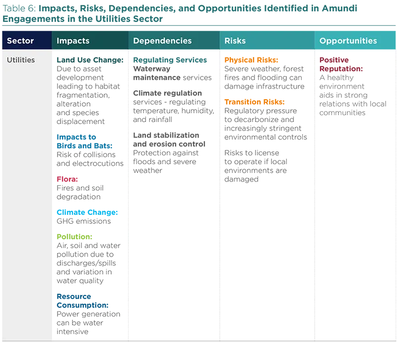 Impacts, Risks, Dependencies, and Opportunities identified in Amundi Engagements in the Utilities Sector