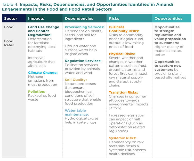 Impacts, Risks, Dependencies, and Opportunities identified in Amundi Engagements in the Food and Food Retail Sectors