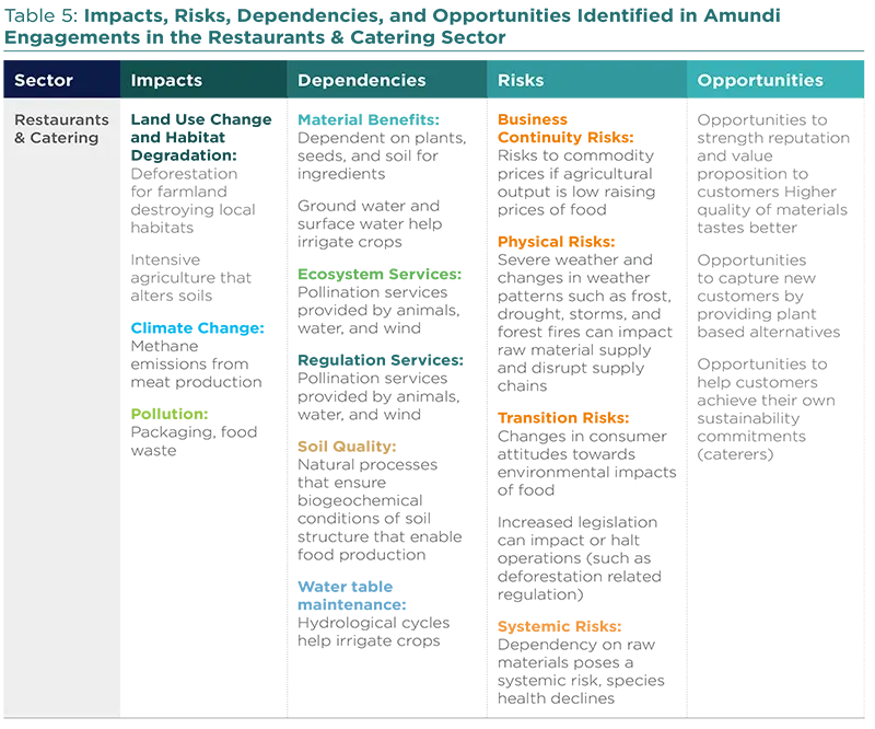 Impact, Risks, Dependencies, and Opportunities identified in Amundi Engagements in the Restaurants &amp; Catering Sector