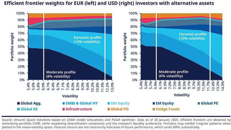 Efficient frontier weights for EUR (left) and USD (right) investors with alternative assets