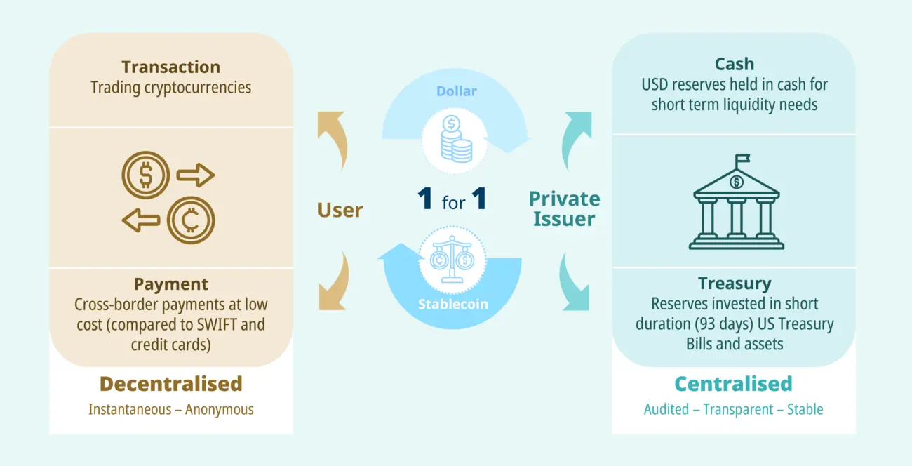 Stablecoin: extending the reach of money into the digital era - This infographic explains how stablecoins work, showing the link between users and private issuers. It highlights low-cost, instant, and anonymous cryptocurrency trading and cross-border payments. Stablecoins are pegged 1:1 to the US dollar, backed by cash reserves and short-term US Treasury assets. The system is centralized, audited, transparent, and stable, ensuring trust and security in transactions.