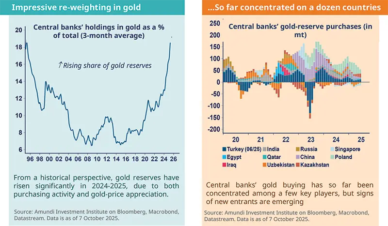 Central banks’ holdings in gold as a % of total (3-month average) Source: Amundi Investment Institute on Bloomberg, Macrobond, Datastream. Data is as of 7 October 2025. Central banks’ gold-reserve purchases (in mt) Source: Amundi Investment Institute on Bloomberg, Macrobond, Datastream. Data is as of 7 October 2025. Two-panel analysis of central bank re-weighting and country concentration.