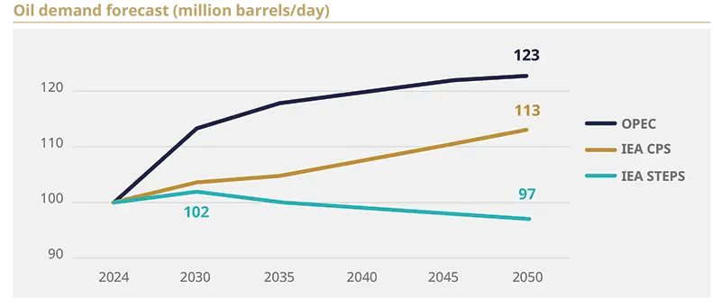 Line chart comparing three scenarios (OPEC, IEA CPS, IEA STEPS) from 2024 to 2050 showing divergent trajectories: OPEC and IEA CPS rising while IEA STEPS declines slightly, with endpoints labeled (123, 113, 97) to illustrate contrasting long‑term energy projections.