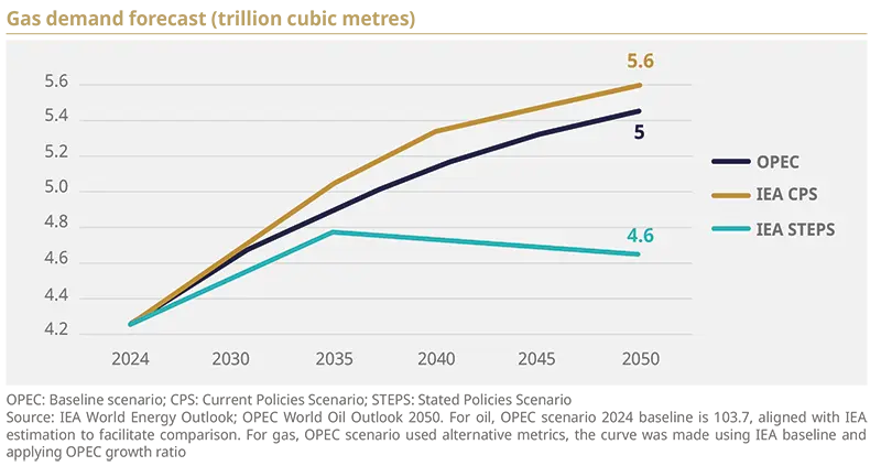 Scenario line chart showing three trajectories (OPEC, IEA CPS, IEA STEPS) from 2024 to 2050 with numeric endpoints annotated (5, 5.6, 4.6) and midperiod peaks, highlighting differences in the projected per‑capita or sector metric across scenarios.
