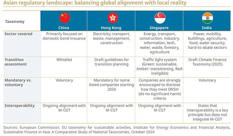 Comparative taxonomy table image showing columns for China, Hong Kong, Singapore and India with flag icons and rows for sector coverage, transition assessment, mandatory vs voluntary status and interoperability, summarizing national taxonomy approaches and alignment notes.