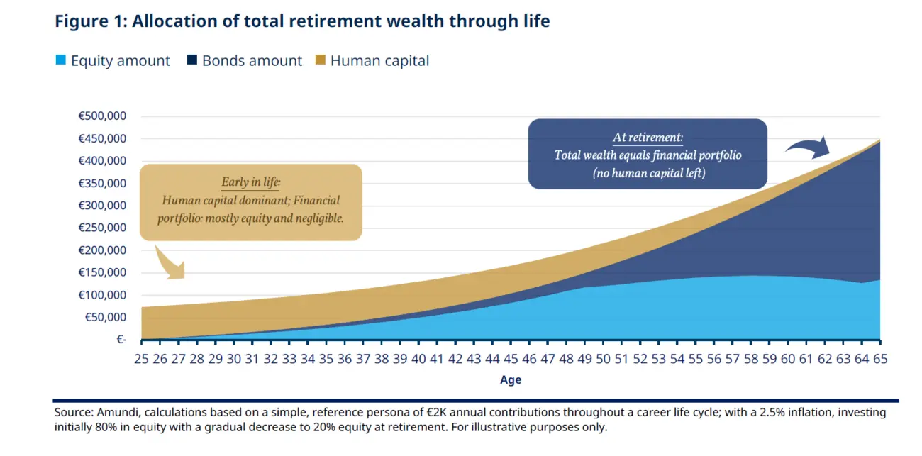 Stacked area chart showing allocation of total retirement wealth from age 25 to 65. Human capital dominates early in life, then declines as equity and bond holdings rise. By retirement, human capital reaches zero and total wealth equals the financial portfolio.