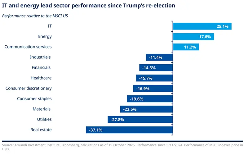 Horizontal bar chart showing sector performance relative to the MSCI US since Trump’s re-election. IT and energy lead with strong gains, communication services follow, while real estate, utilities, materials, consumer staples and consumer discretionary post the weakest returns.