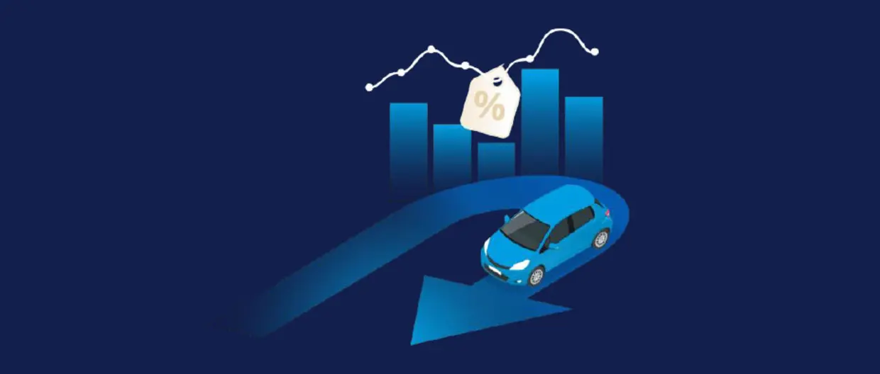 Header infografica giugno, illustrazione grafico a barre con variazione percentuale e macchina su una freccia che cambia direzione