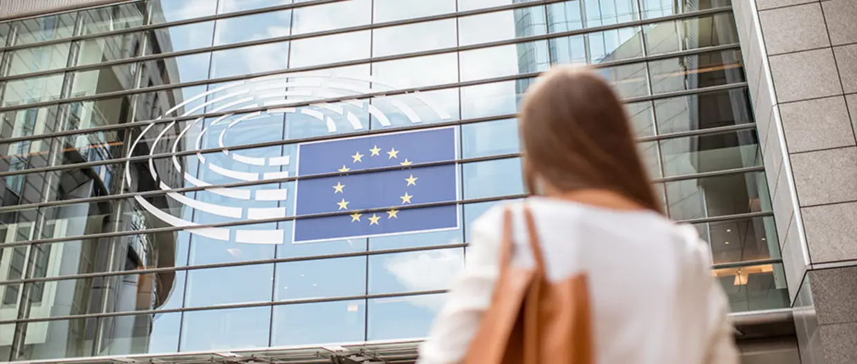 immagine ragazza di spalle davanti ad un edificio con bandiera europea
