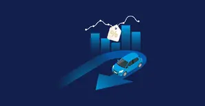 Header infografica giugno, illustrazione grafico a barre con variazione percentuale e macchina su una freccia che cambia direzione