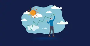 header infografica febbraio 2026 illustrazione di un uomo che disegna un grafico sfondo con cielo nuvole e sole